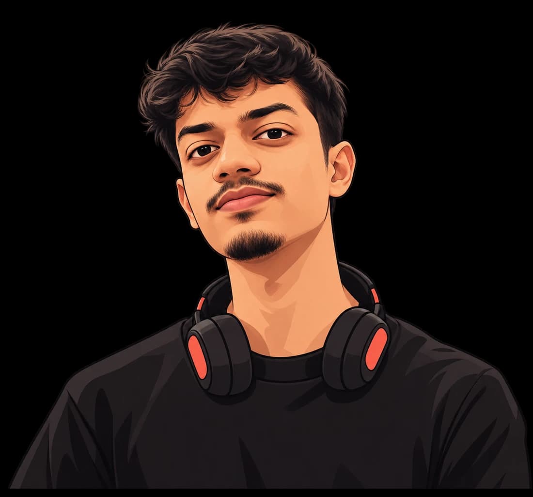 Illustrated portrait of Tanish Jain wearing headphones